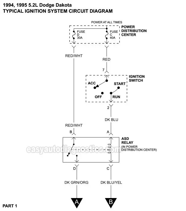 PART 1 -1994-1995 5.2L V8 Dodge Dakota Ignition System Circuit Wiring Diagram