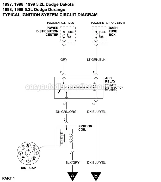 PART 1 -Ignition System Circuit Wiring Diagram (1997, 1998, 1999 5.2L V8 Dodge Dakota And 1998, 1999 5.2L Dodge Durango)