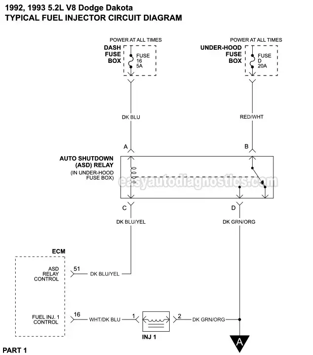 Part 1 -Fuel Injector Circuit Wiring Diagram (1992, 1993 5.2L V8 Dodge Dakota)
