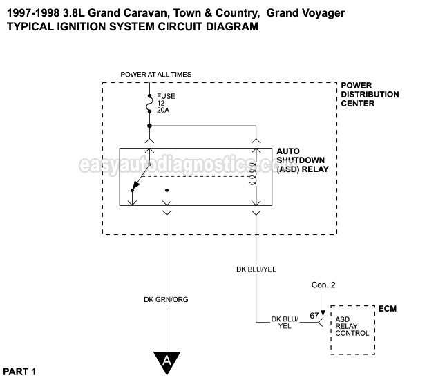 PART 1 of 2 -Ignition System Circuit Wiring Diagram. 1997, 1998 3.8L V6 Grand Caravan, Town And Country, Grand Voyager