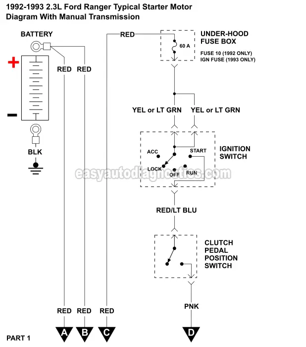 Part 2 -1992, 1993 2.3L Ford Ranger Starter Motor Circuit Wiring Diagram With Manual Transmission