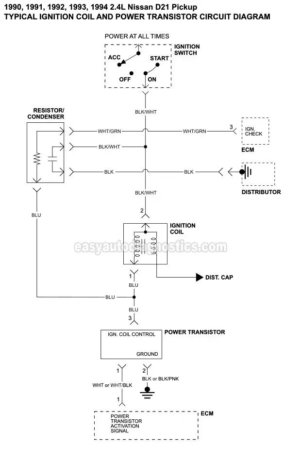 Ignition Coil And Power Transistor Circuits. 1990, 1991, 1992, 1993, 1994 2.4L Nissan D21 Pickup Ignition System Wiring Diagram Part 2