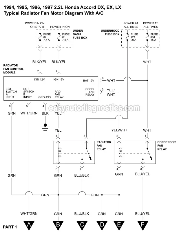 PART 1 -1994, 1995, 1996, 1997 2.2L Honda Accord Radiator and Condensor Fan Motor Circuit Wiring Diagram