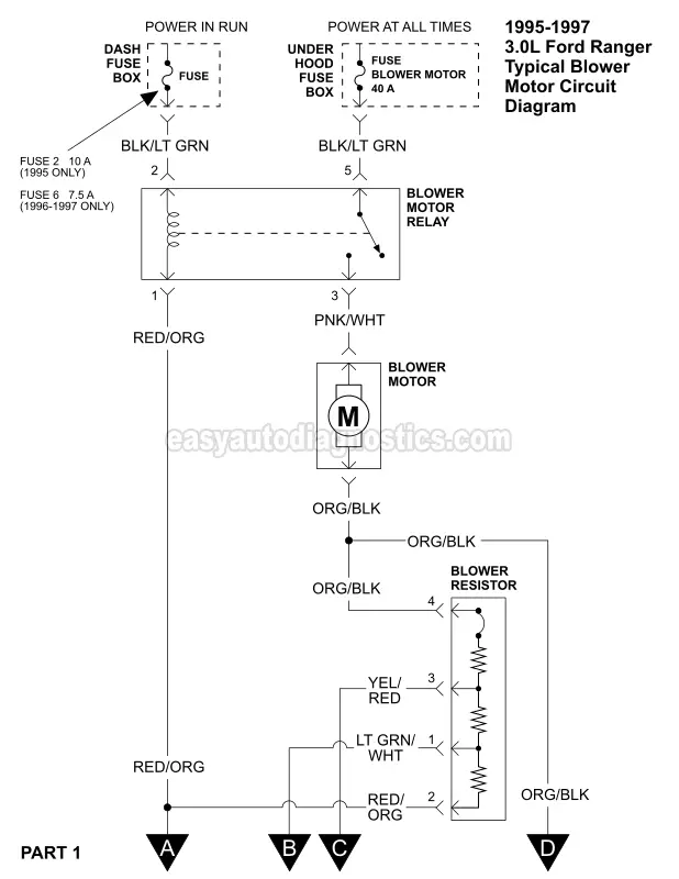 Part 1 -Blower Motor Circuit Diagram 1995, 1996, 1997 3.0L V6 Ford Ranger