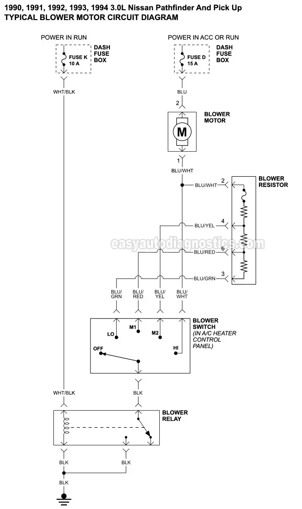 Blower Motor Resistor Circuit Wiring Diagram (1990, 1991, 1992, 1993, 1994 3.0L Nissan Pathfinder, D21, And Pick Up)