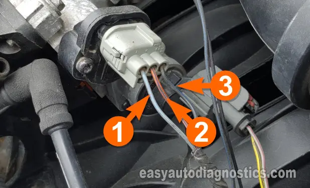 Verifying TP Sensor Has 5 Volts And Ground. How To Test The Throttle Position Sensor (2001, 2002, 2003, 2004, 2005, 2006 2.4L Chrysler Sebring And 2.4L Dodge Stratus)
