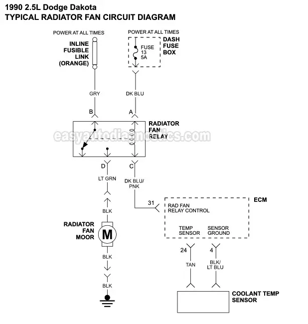 Radiator Fan Circuit Wiring Diagram (1990 2.5L Dodge Dakota)