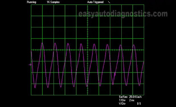 2000 Mazda Protegé crankshaft position sensor waveform. Notice the waviness of the signal wave.