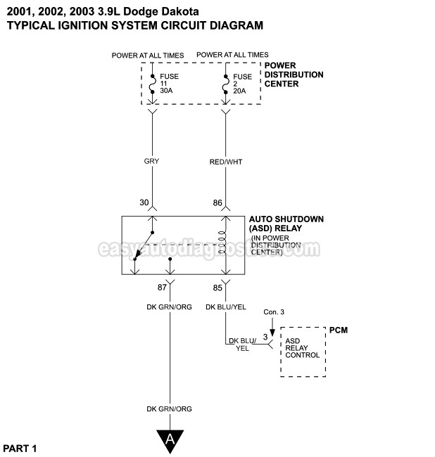 Ignition System Wiring Diagram (2001-2003 3.9L Dodge Dakota)  Wiring Diagram For 2003 Dodge Dakota    Home Misc Index Chrysler Ford GM Honda Isuzu Jeep Mitsubishi Nissan Suzuki  VW