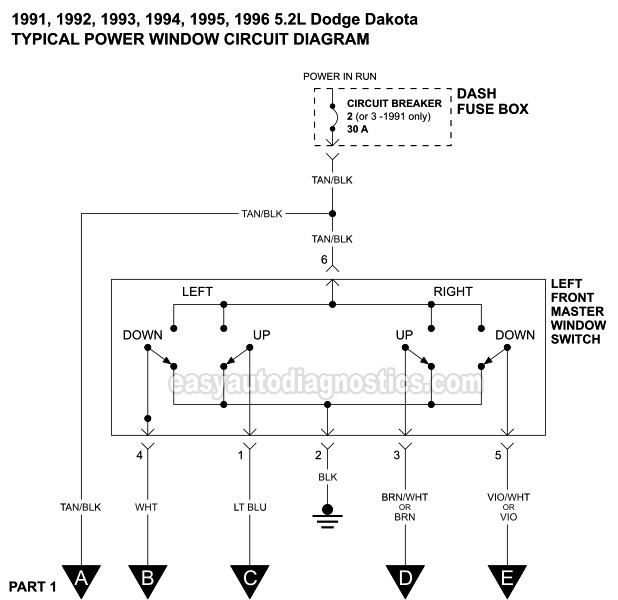 Part 1 -Power Window Circuit Diagram (1991, 1992, 1993, 1994, 1995, 1996 5.2L V8 Dodge Dakota)