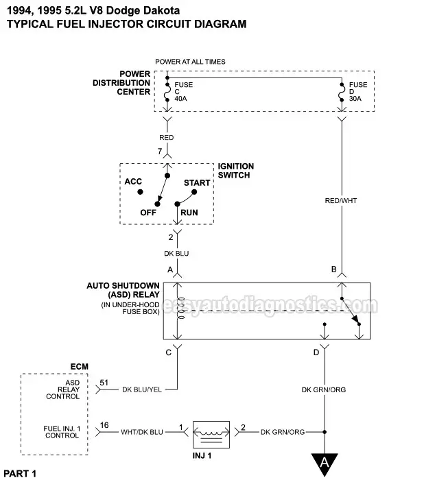 Part 1 -Fuel Injector Circuit Wiring Diagram (1994-1995 5.2L V8 Dodge Dakota)