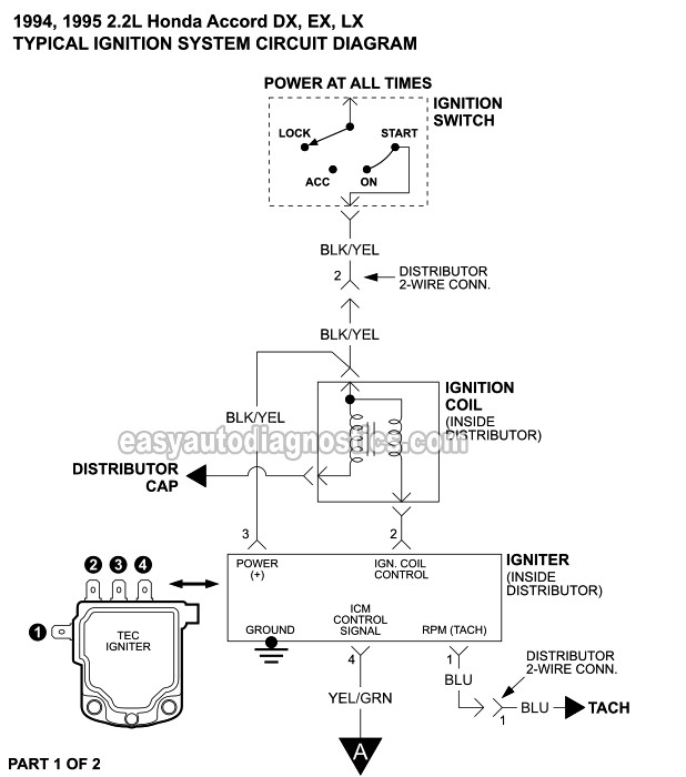 PART 1 -1994, 1995 2.2L Honda Accord (DX, EX, LX) Ignition System Circuit Wiring Diagram