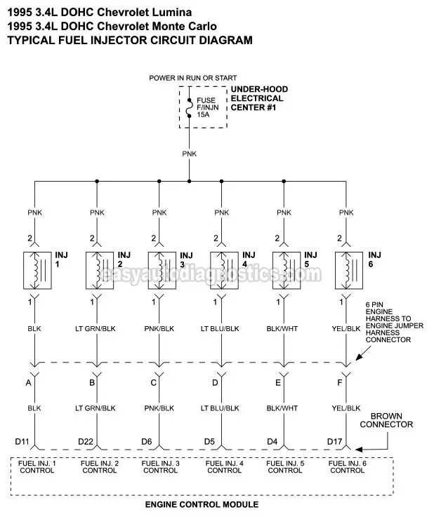 Fuel Injector Circuit Diagram (1995 3.4L DOHC V6 Chevrolet Lumina, Monte Carlo)