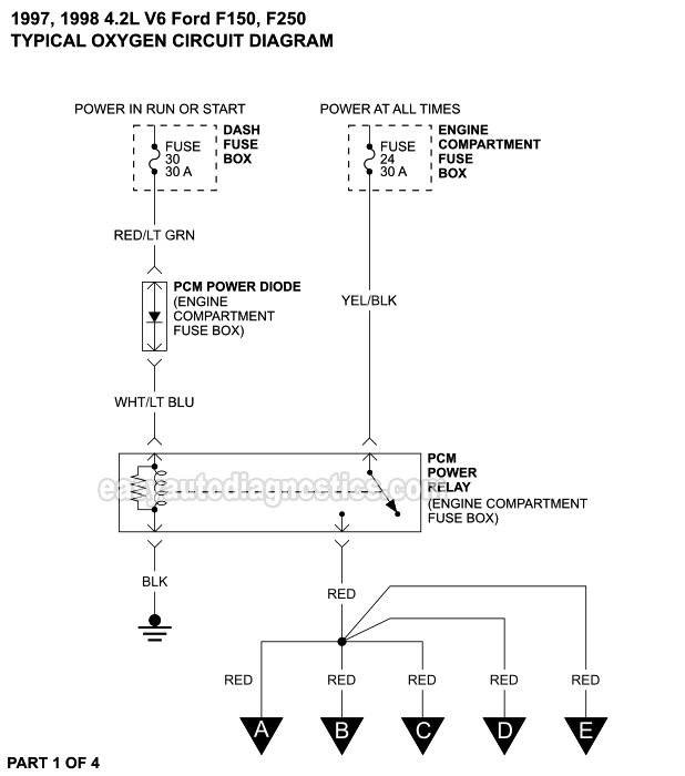 Oxygen Sensors Circuit Wiring Diagram (1997, 1998 4.2L V6 Ford F150, F250 Light Duty)