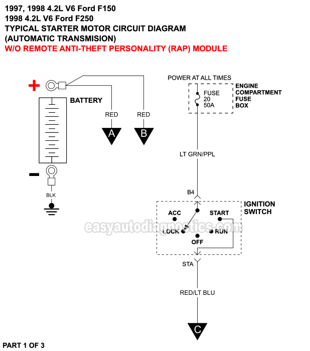 Starter Motor Circuit Wiring Diagram (1997-1998 4.2L V6 Ford F150, F250 Light Duty)