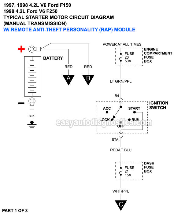 PART 1 of 3: Starter Motor Wiring Diagram With Manual Transmission And With Anti-Theft (1997, 1998 4.2L V6 Ford F150 And F250 Light Duty)