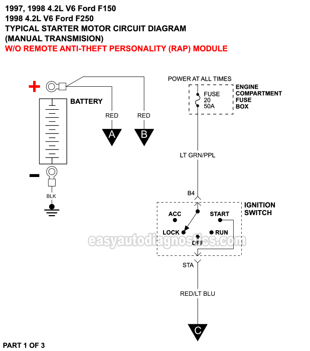 PART 1 of 3: Starter Motor Wiring Diagram With Manual Transmission And Without Anti-Theft (1997, 1998 4.2L V6 Ford F150 And F250 Light Duty)