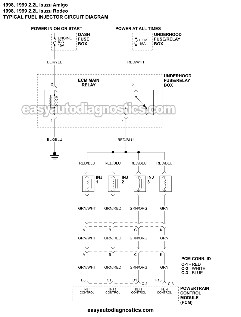 Fuel Injector Circuit Wiring Diagram (1998-1999 2.2L Isuzu Rodeo, Amigo)