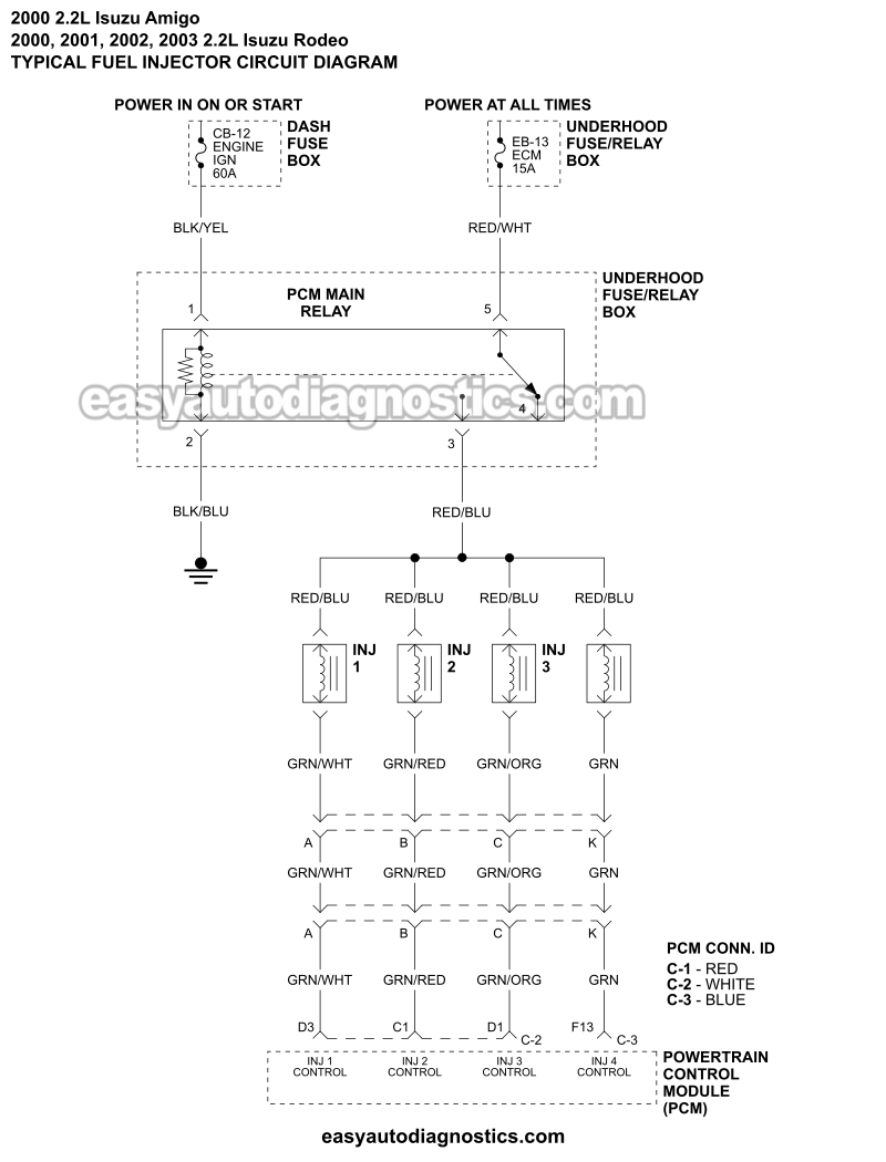 Fuel Injector Circuit Wiring Diagram (2000, 2001, 2002, 2003 2.2L Isuzu Rodeo, Amigo)