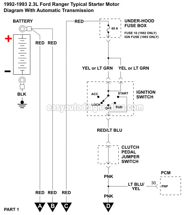 Part 1 -1992, 1993 2.3L Ford Ranger Starter Motor Circuit Wiring Diagram With Automatic Transmission