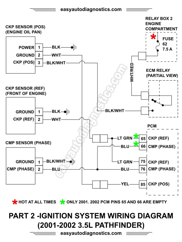 2001-2002 3.5L Nissan Pathfinder Crankshaft And Camshaft Position Sensors Wiring Diagram