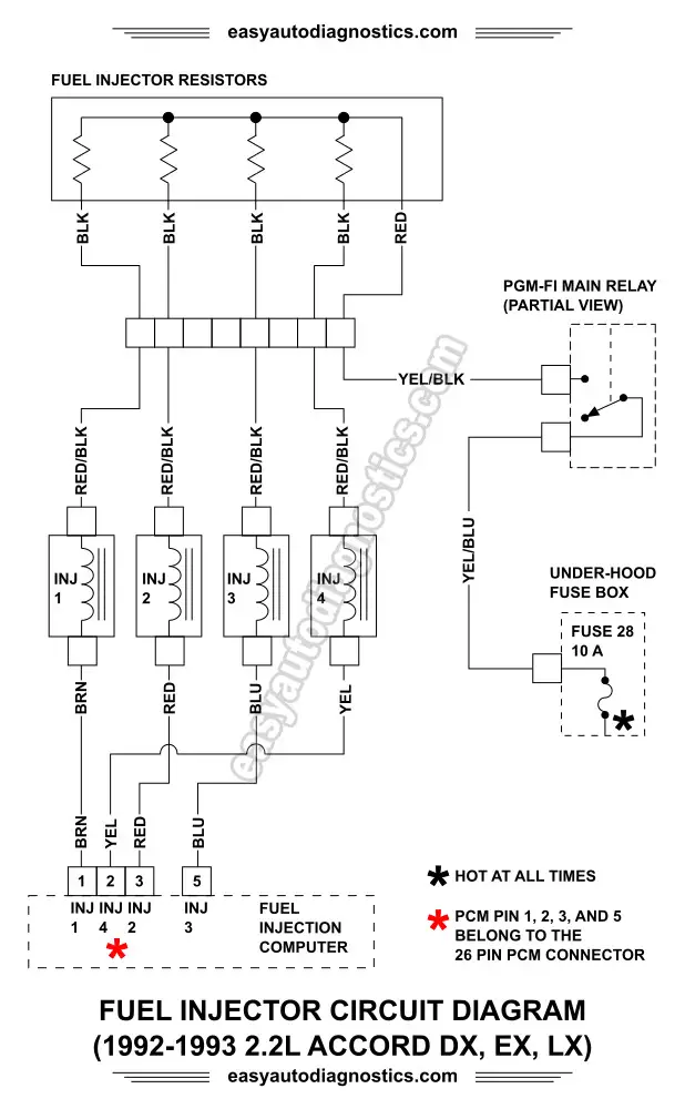 1992-1993 2.2L Honda Accord Fuel Injector Circuit Wiring Diagram