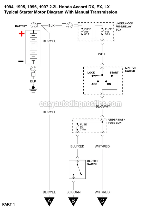 Part 2 -1994, 1995, 1996, 1997 2.2L Honda Accord (DX, EX, LX) Starter Motor Circuit Wiring Diagram With Manual Transmission