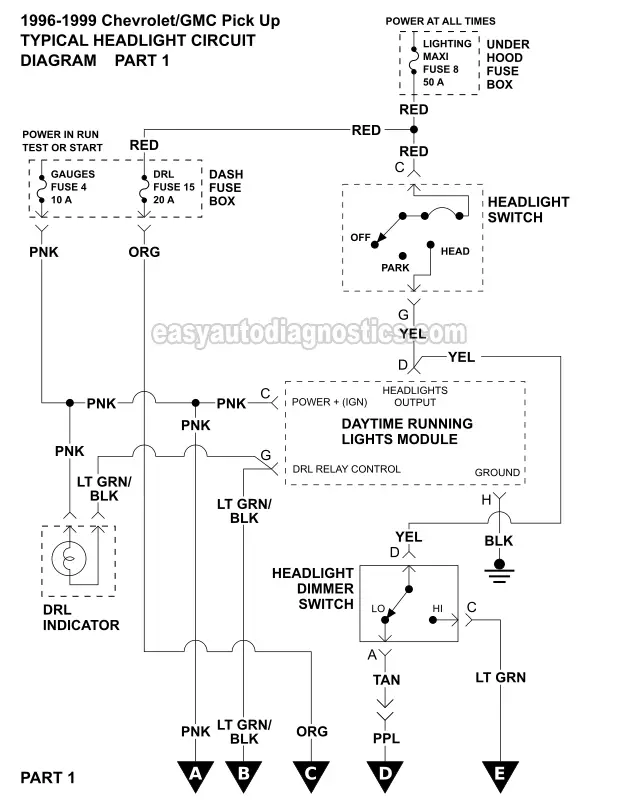 Part 1 Headlight Circuit Diagram 1996 1999 Chevy Gmc Pick Up And Suv