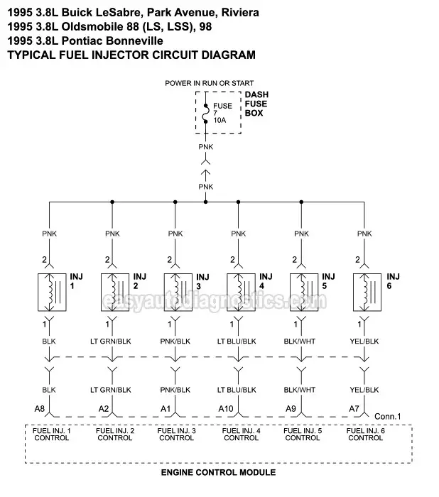 Fuel Injector Circuit Diagram (1995 3.8L Buick, Oldsmobile, Pontiac)  99 Bonneville Fuel Injector Wiring Diagram    Home Misc Index Chrysler Ford GM Honda Isuzu Jeep Mitsubishi Nissan Suzuki  VW