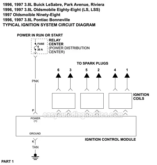 Ignition System Circuit Wiring Diagram PART 1 -1996, 1997 3.8L Buick LeSabre, Park Avenue, Riviera. 1996, 1997 3.8L Oldsmobile Eighty-Eight, Ninety-Eight. Pontiac Bonneville