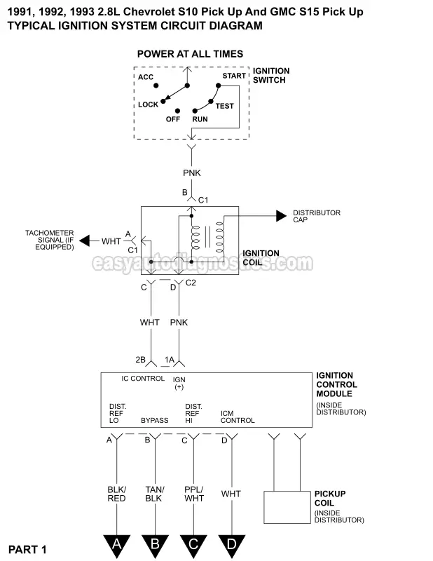 1991-1993 2.8L Chevy S10 Ignition System Circuit Diagram