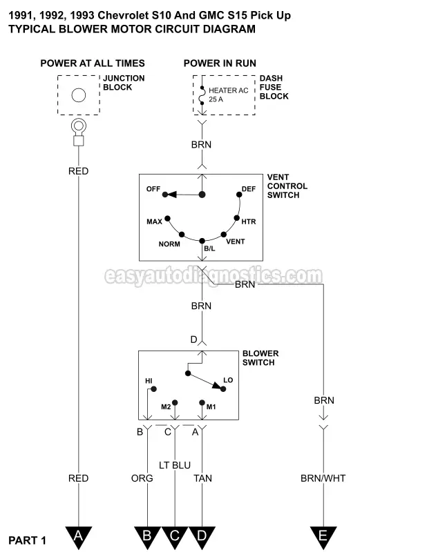 PART 1 -Blower Motor Circuit Diagram 1991, 1992, 1993 2.8L V6 Chevrolet S10 Pick Up And GMC S15 Pick Up.