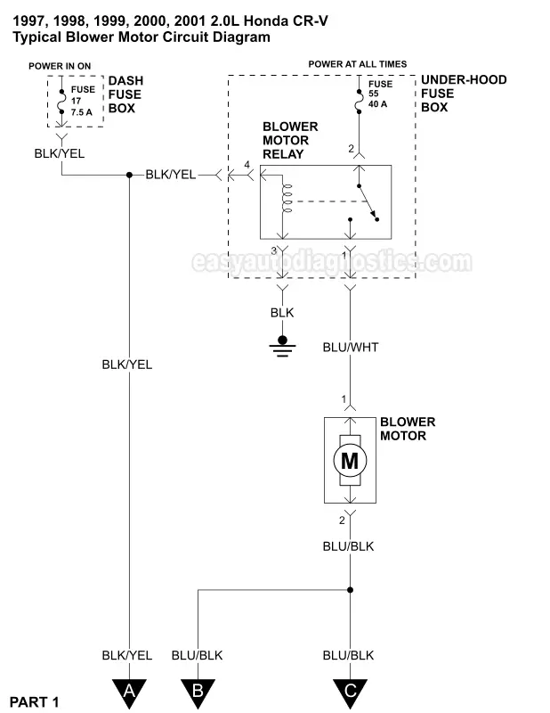 Part 1 -Blower Motor Circuit Diagram 1997, 1998, 1999, 2000, 2001 2.0L Honda CR-V