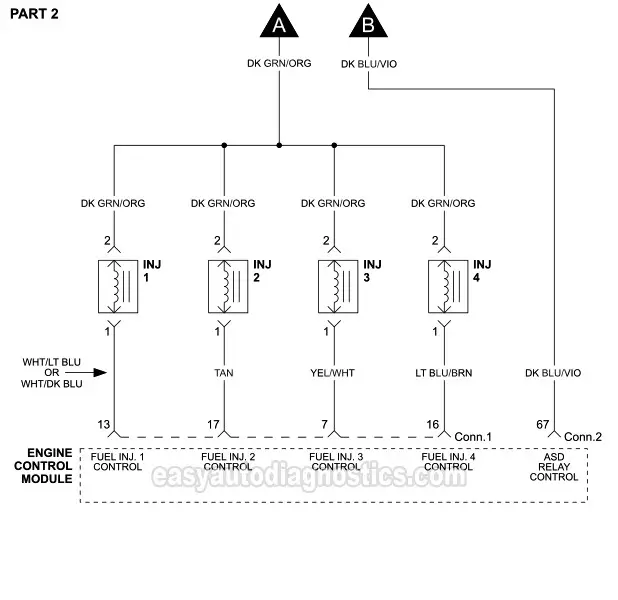 PART 2: Fuel Injector Circuit Wiring Diagram (1995-2000 2.4L DOHC Chrysler Cirrus, 1995-2000 2.4L DOHC Dodge Stratus, 1998-2000 2.4L DOHC Plymouth Breeze)
