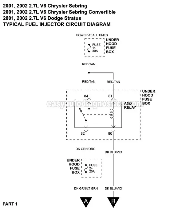 PART 1: Fuel Injector Circuit Wiring Diagram (2001, 2002 2.7L V6 Chrysler Sebring And Chrysler Sebring Convertible. 2001, 2002 2.7L V6 Dodge Stratus)