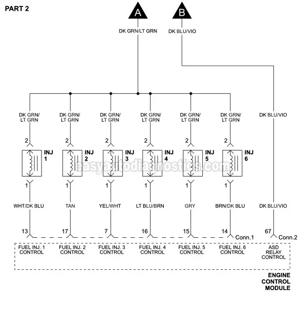 PART 2: Fuel Injector Circuit Wiring Diagram (2001, 2002 2.7L V6 Chrysler Sebring And Chrysler Sebring Convertible. 2001, 2002 2.7L V6 Dodge Stratus)