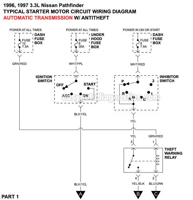 Part 1 -Starter Motor Circuit Diagram With Standard Transmission And With Anti-Theft (1996, 1997 3.0L Nissan Pathfinder)