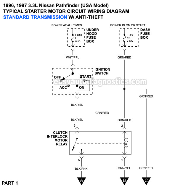 Part 1 -Starter Motor Circuit Diagram With Standard Transmission And With Anti-Theft (1996, 1997 3.0L Nissan Pathfinder)
