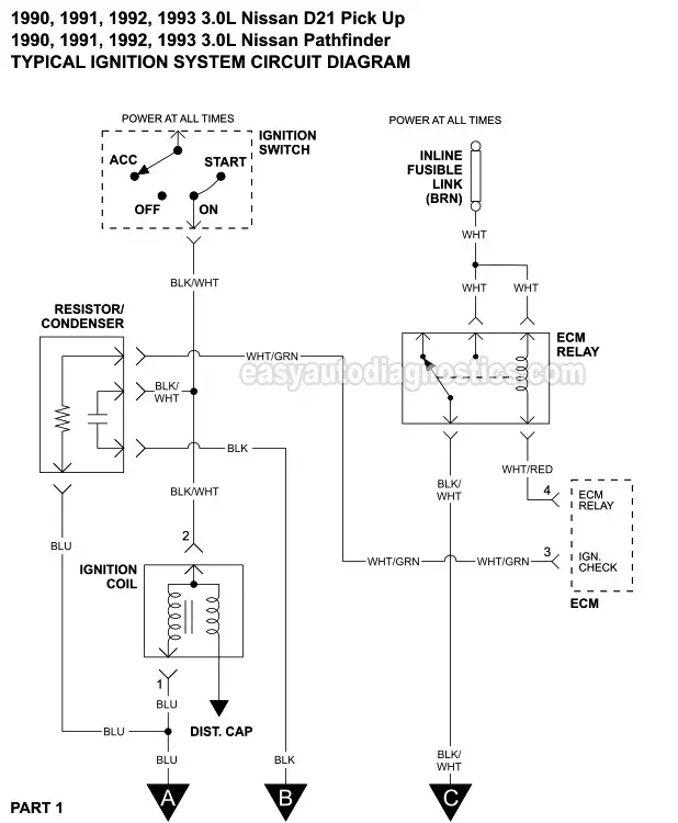 Part 1 -Ignition System Wiring Diagram (1990, 1991, 1992, 1993 3.0L V6 Nissan Pick Up And Pathfinder)